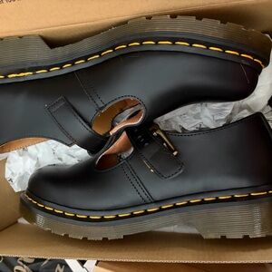 Polley Doc Martens Black Leather Loafers with Yellow Stitching